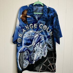 Orange County Choppers 2XL Satin Button Front Shirt Blue Black Motorcycle Silky